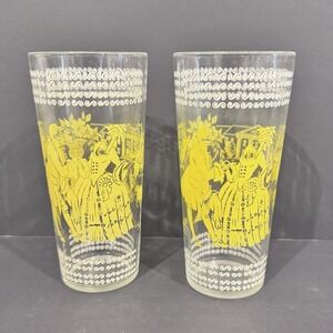 (2) Vintage Hazel Atlas Americana Courting Ice Tea‎ Glasses Yellow White Design